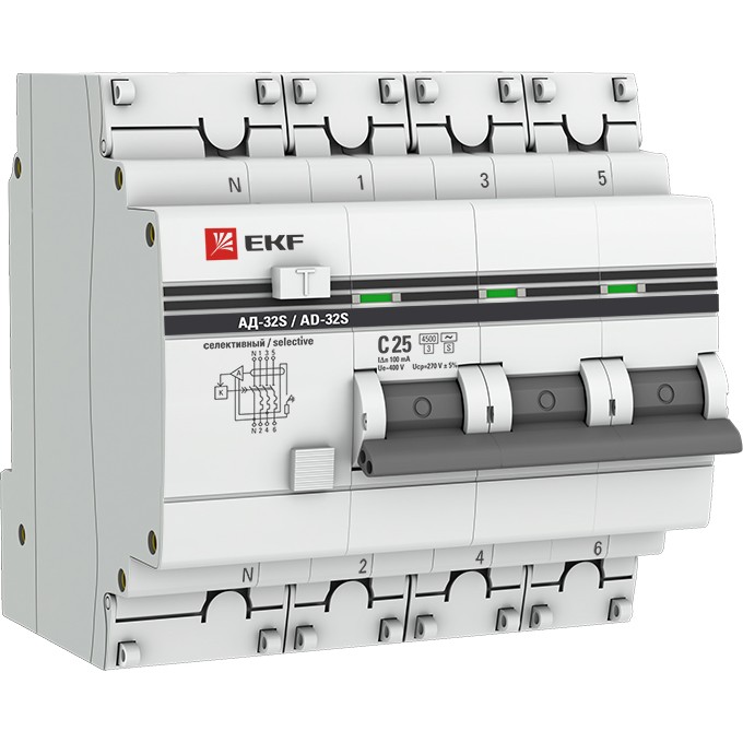 Автомат дифференциальный EKF АД-32 (селективный) 3P+N 25А/100мА PROxima DA32-25-100S-4P-PRO