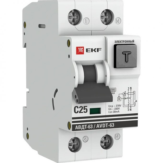 Автомат дифференциальный EKF PROXIMA АВДТ-63 25А/30мА (хар. С, электронный, тип А) 6кА DA63-25-30e