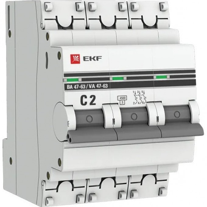 Автоматический выключатель EKF PROXIMA 3P 2А (C) 4,5kA ВА 47-63 mcb4763-3-02C-pro