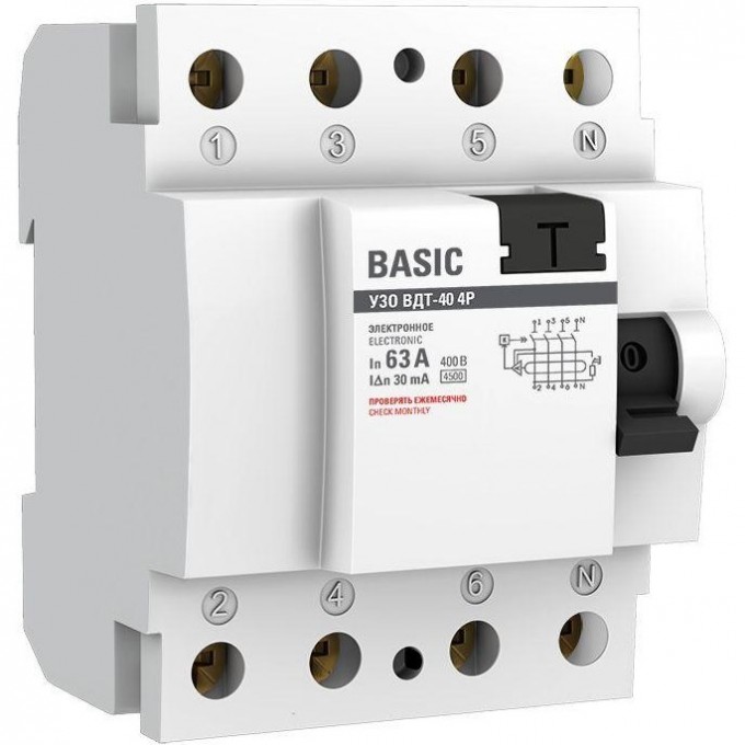 Устройство защитного отключения EKF ВДТ-40, 4P, 63А/30мА, электронное, Basic SQ elcb-4-63-30e-sim