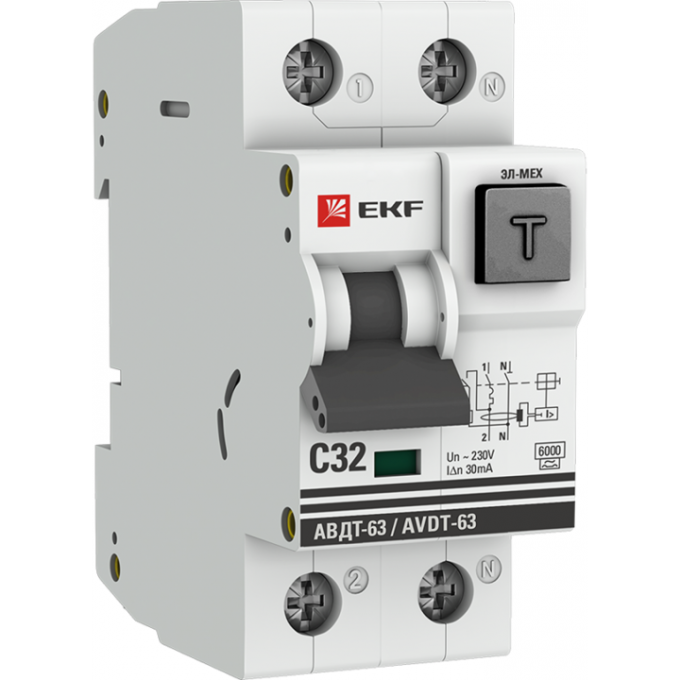 Выключатель автоматический дифференциального тока EKF 2п C 32А 30мА тип A 6кА АВДТ-63 PROxima DA63-32-30
